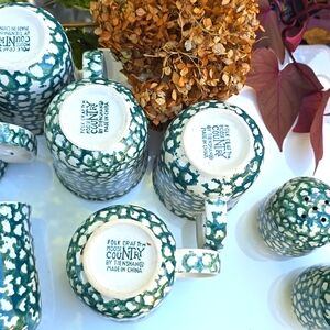 Lot of 4 Vintage Folk Craft Moose Country mugs White Green speckled Tienshan